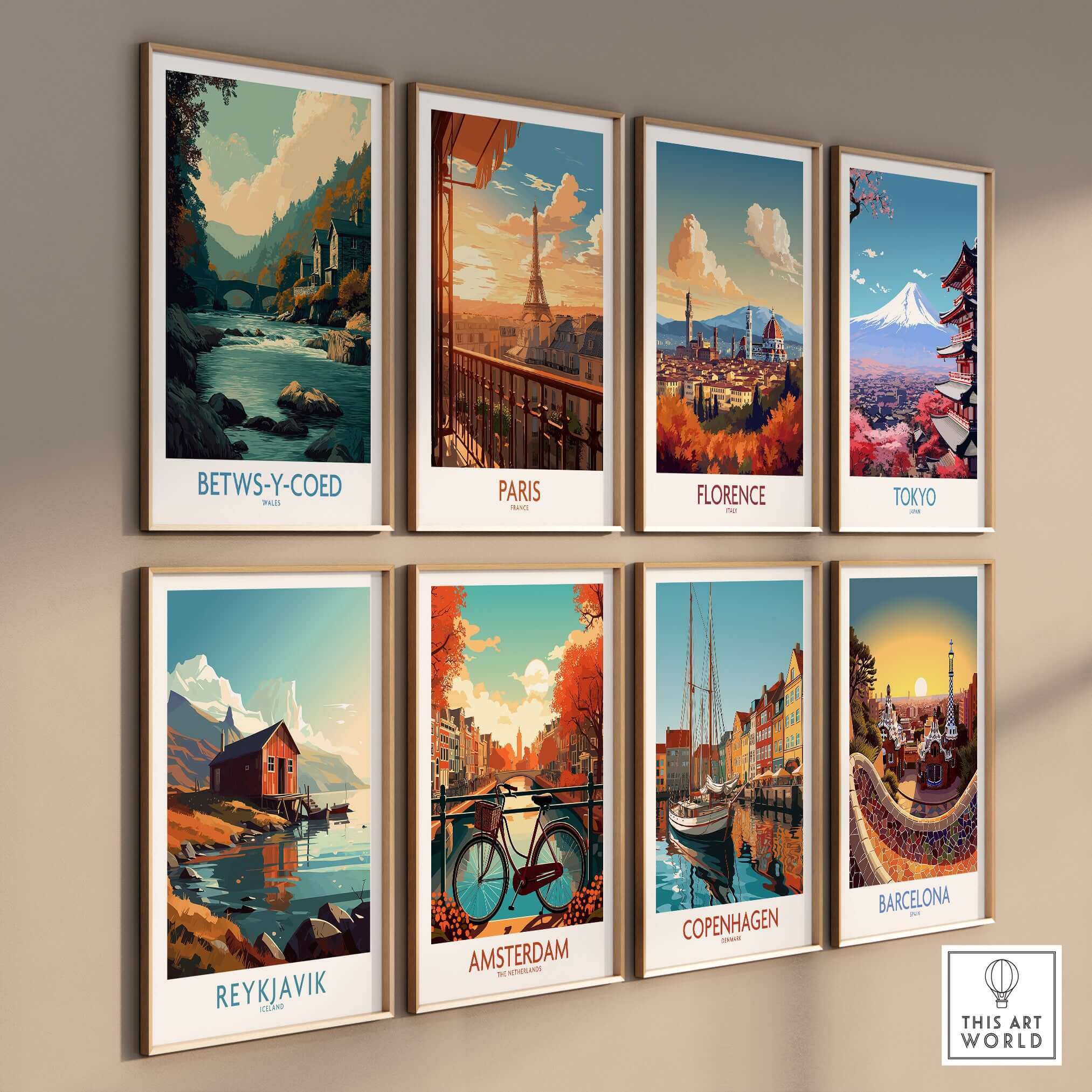 Betws-y-Coed Poster Wales Art Print among other city art prints on a gallery wall.
