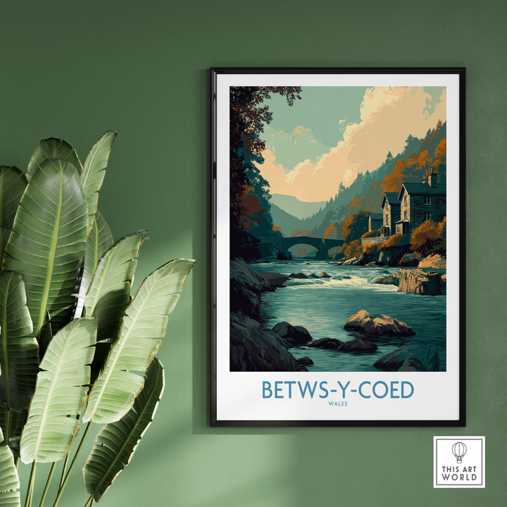 Betws-y-Coed Wales art print showcasing scenic landscapes and rustic charm, framed and displayed indoors.