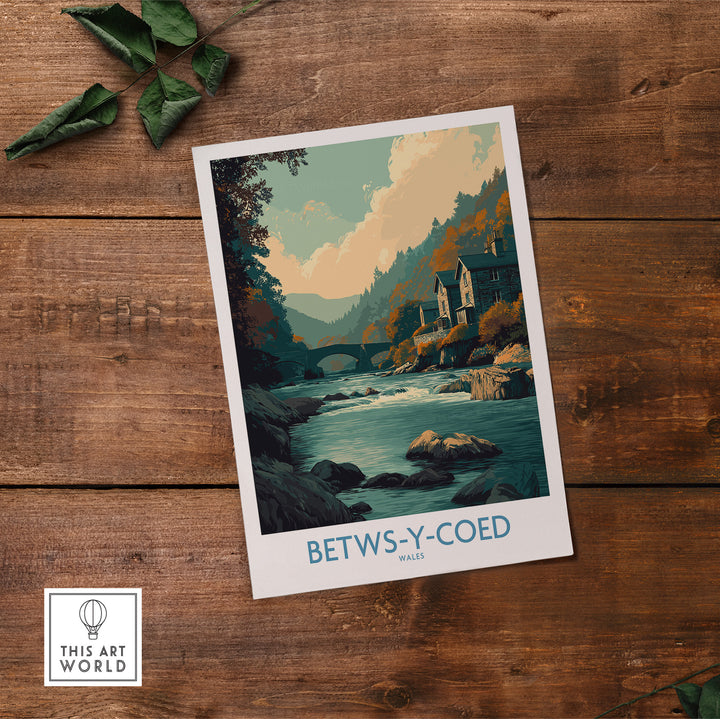 Betws-y-Coed Wales Art Print showcasing a serene landscape, rustic elegance, and natural charm on wooden background.
