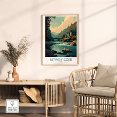 Betws-y-Coed Poster Wales Art Print framed on wall in modern living room with natural decor.