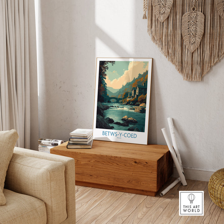 Betws-y-Coed poster art print showcasing tranquil Welsh landscapes in a cozy home setting.