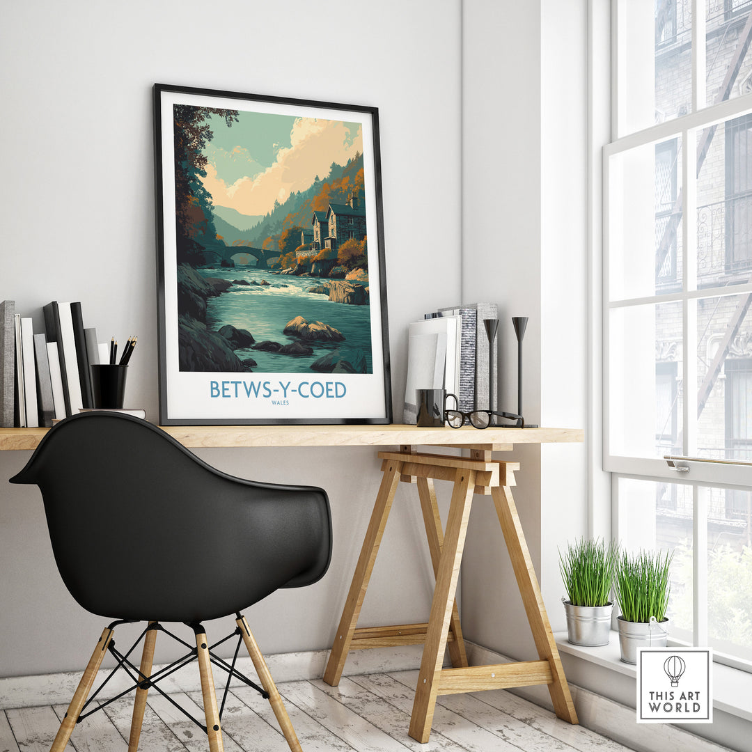 Betws-y-Coed poster in a home office, showcasing Welsh landscapes and artistic charm.