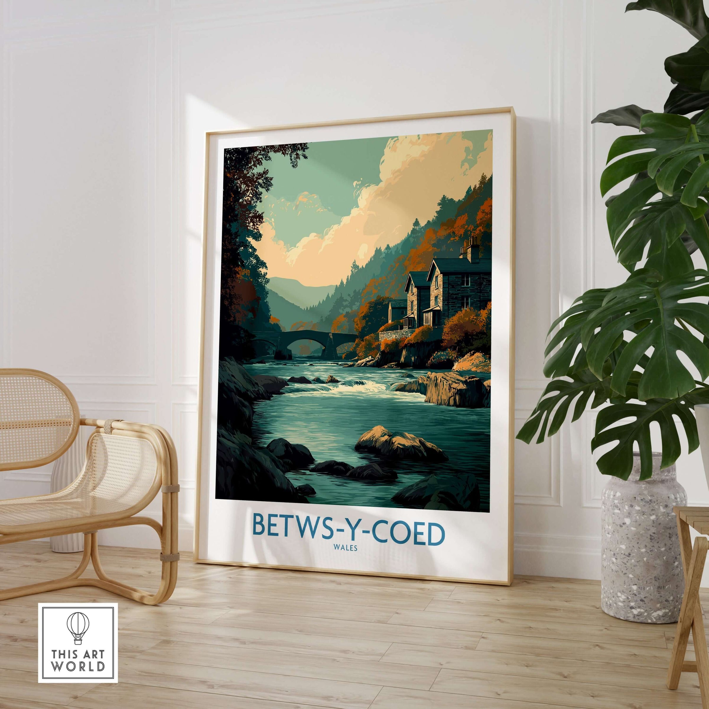 Betws-y-Coed Poster Wales Art Print featuring picturesque landscapes and serene river scene.