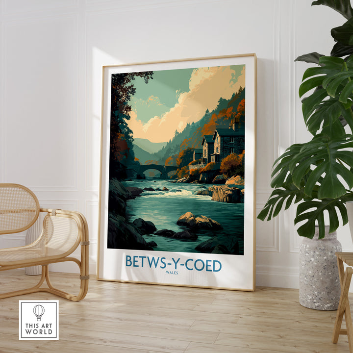 Betws-y-Coed Wales art print showcasing rustic landscapes and tranquil river views in a stylish home setting.