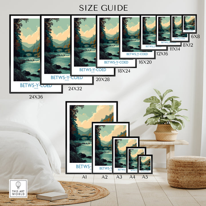 Size guide for Betws-y-Coed poster prints displayed in various dimensions on a stylish living room wall.