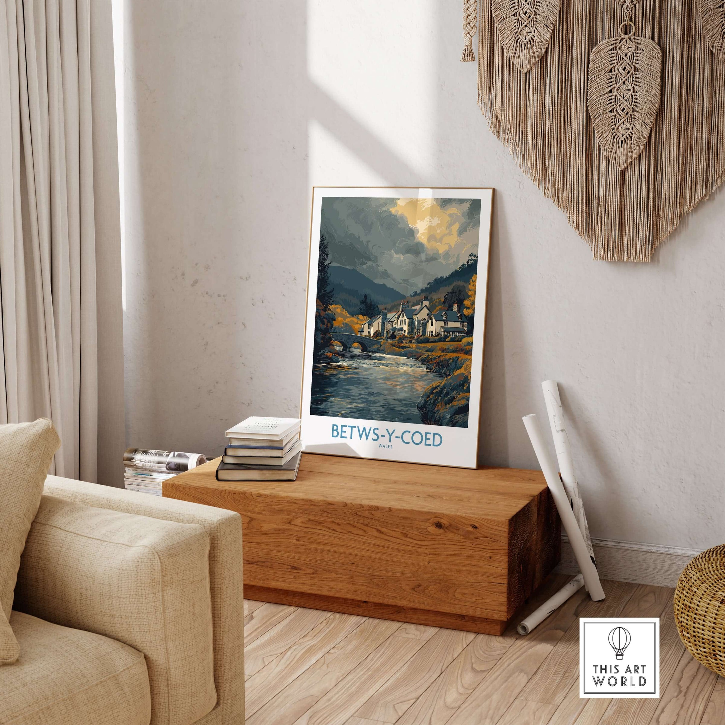 Betws-y-Coed Poster Wales Countryside Landscape Print displayed in a cozy living room setting.