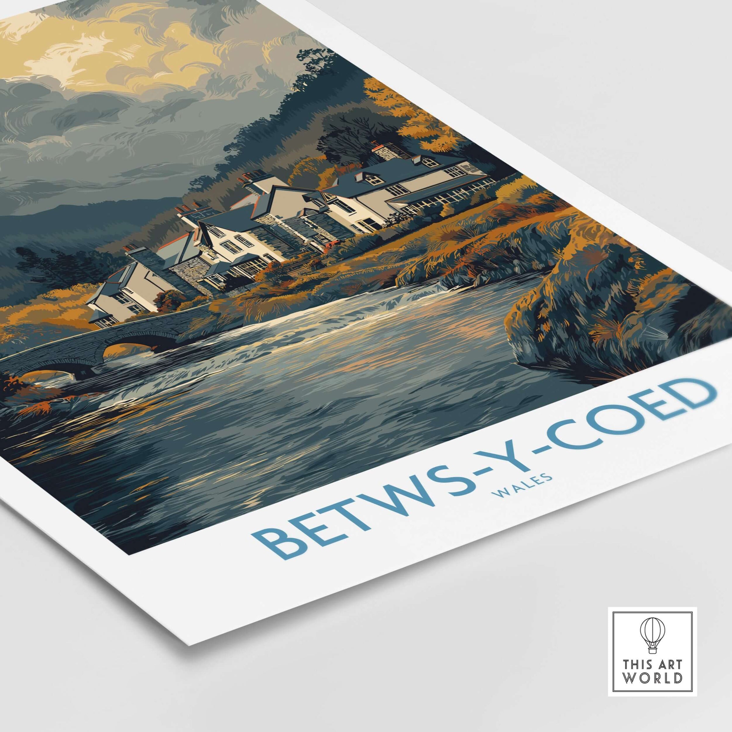 Betws-y-Coed Poster Wales Countryside Landscape Print featuring a scenic view of Betws-y-Coed village and river.