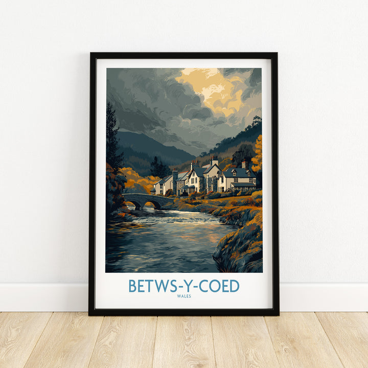 Betws-y-Coed poster featuring a serene Welsh landscape print with a river and charming village.