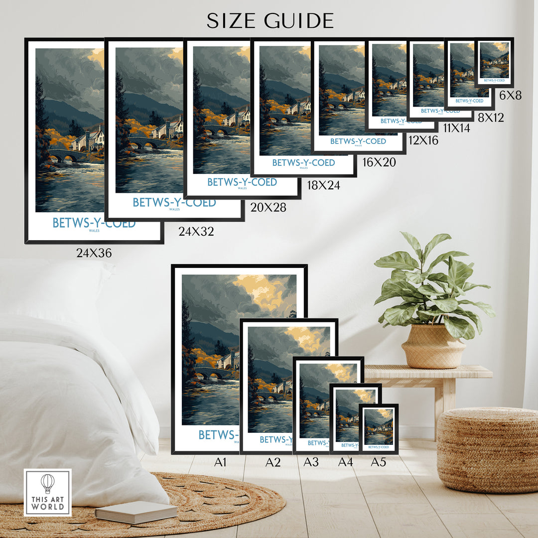 Size guide for Betws-y-Coed landscape print featuring various frame sizes and home decor setup.
