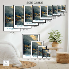 Betws-y-Coed Poster Wales Countryside Landscape Print Size Guide with various frame dimensions.