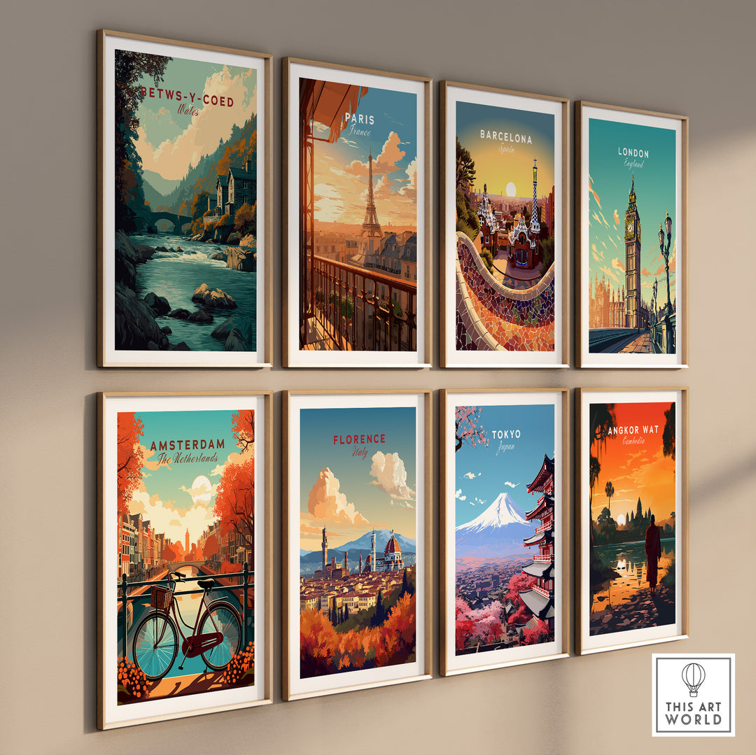 Collection of travel prints featuring Betws-y-Coed, Paris, Barcelona, London, Amsterdam, Florence, Tokyo, and Angkor Wat.