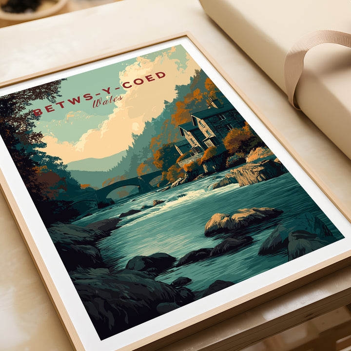 Betws-y-Coed travel print featuring scenic Welsh landscape, river, and countryside charm.