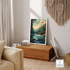Betws-y-Coed Travel Print Wales showcasing the serene beauty of the village in a cozy home setting.