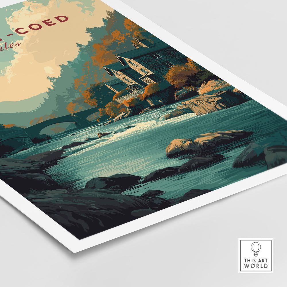 Betws-y-Coed travel print showcasing serene landscapes and charming architecture of Wales.