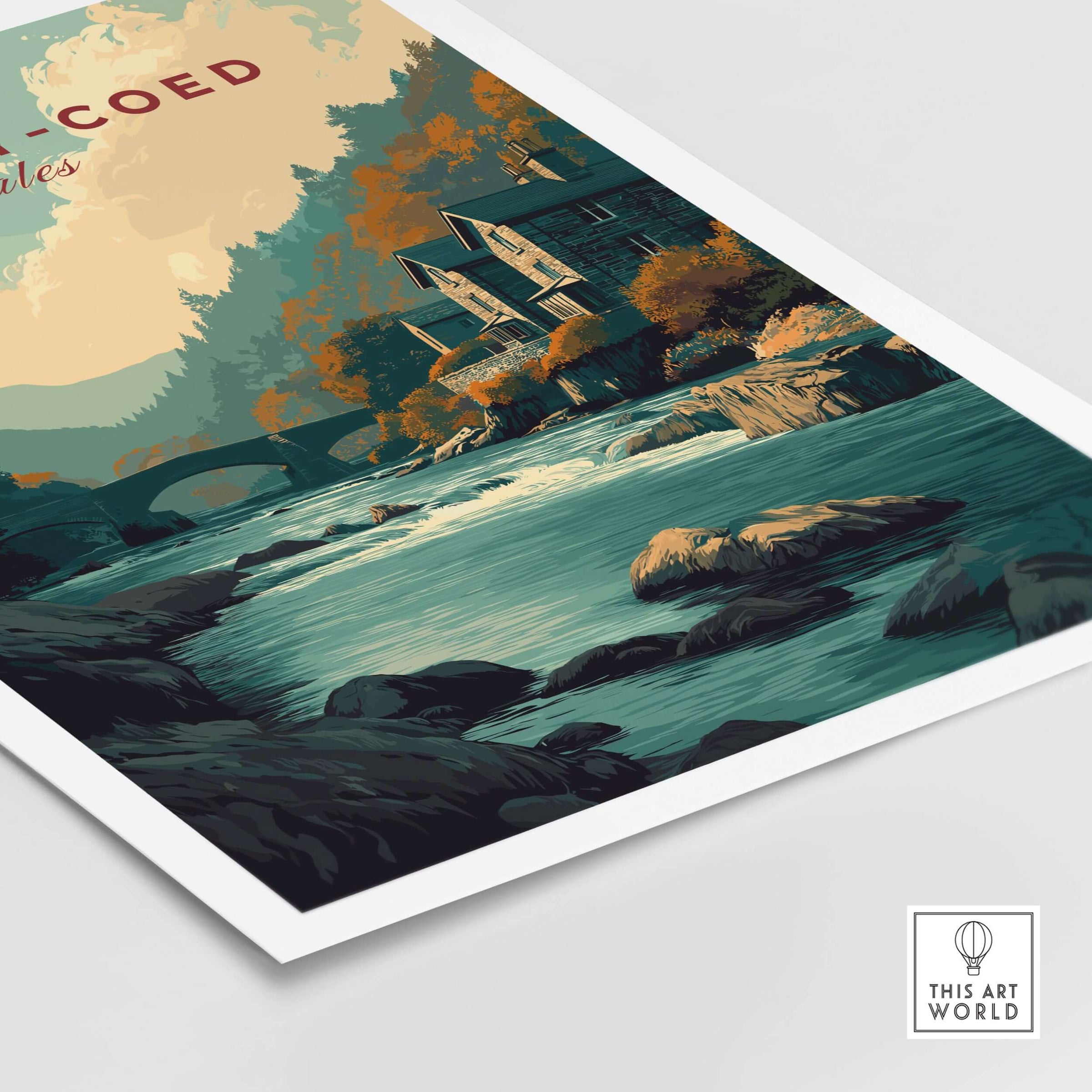 Betws-y-Coed Travel Print Wales showcasing scenic views of the village and surrounding nature.