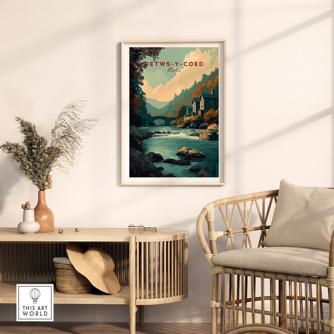 Betws-y-Coed travel print showcasing serene Welsh countryside, framed in a cozy interior setting.