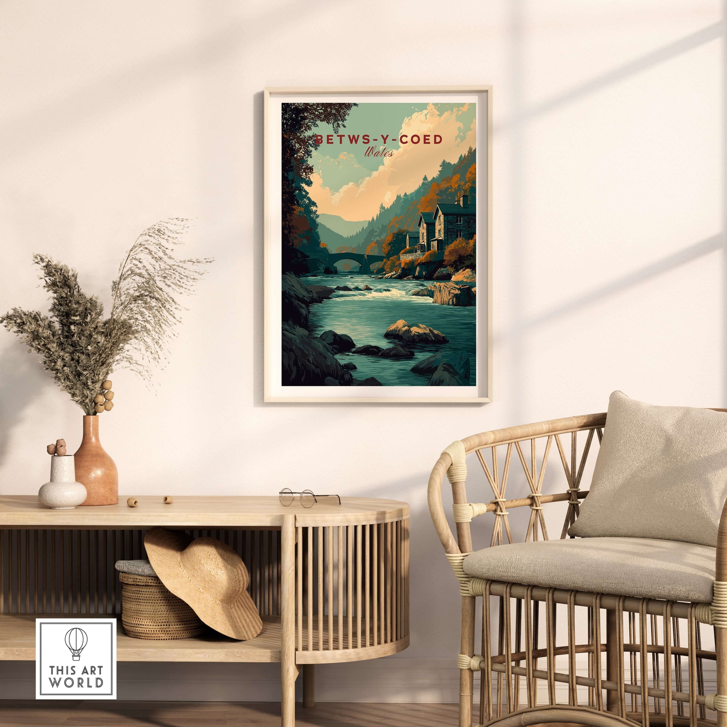 Betws-y-Coed Travel Print Wales showcasing the serene village and river in a peaceful artistic depiction.