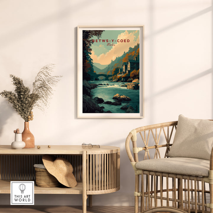 Betws-y-Coed travel print showcasing serene Welsh countryside, framed in a cozy interior setting.