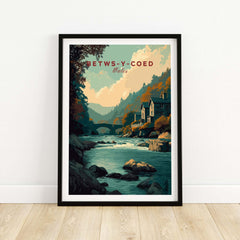 Betws-y-Coed Travel Print Wales showcasing the picturesque village and serene river in a stunning artwork.