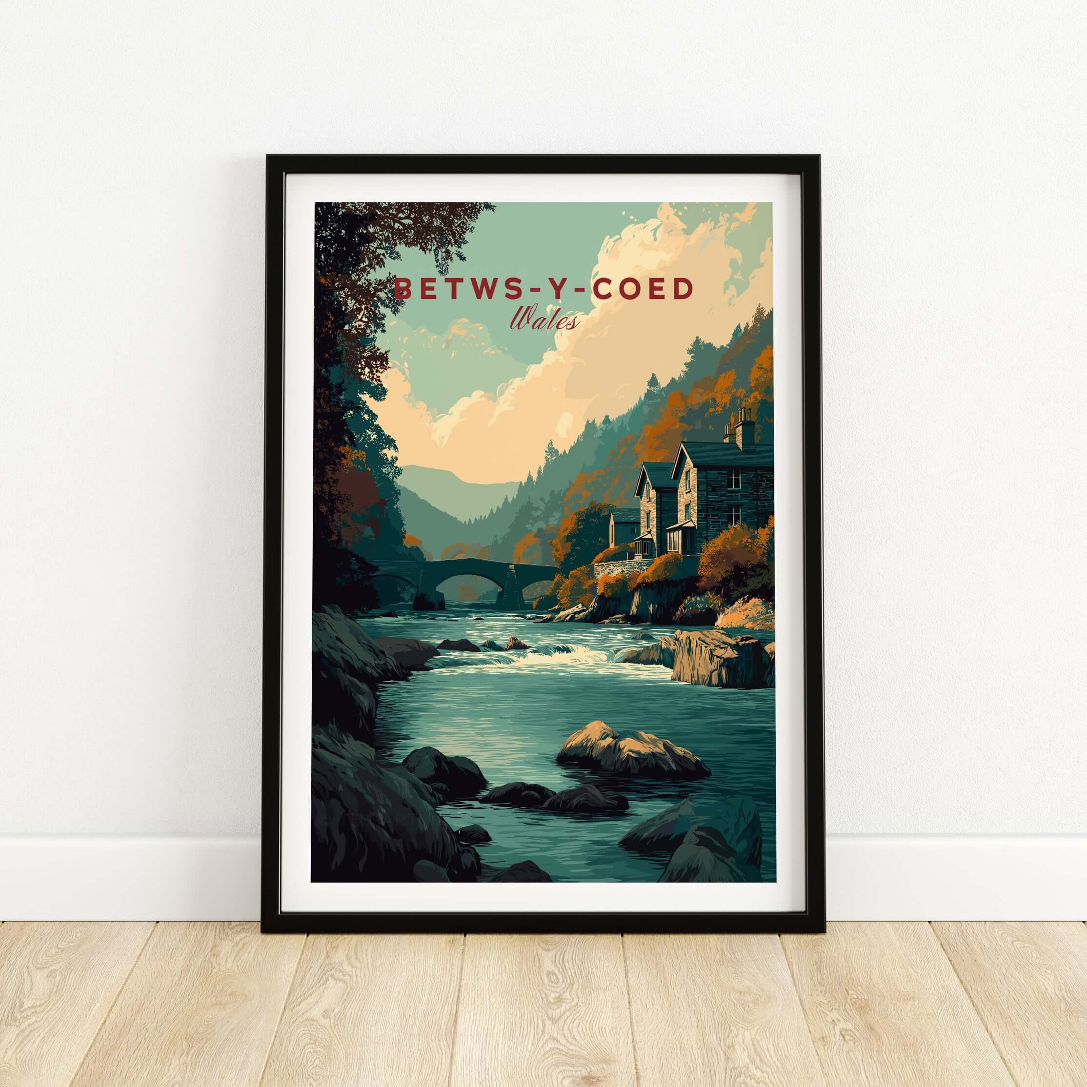 Betws-y-Coed Travel Print Wales showcasing the picturesque village and serene river in a stunning artwork.