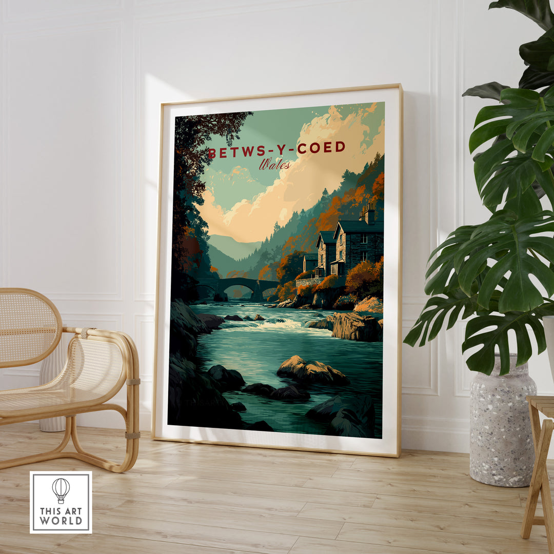 Betws-y-Coed travel print showcasing serene Welsh village and river, perfect for home decor and nature lovers.