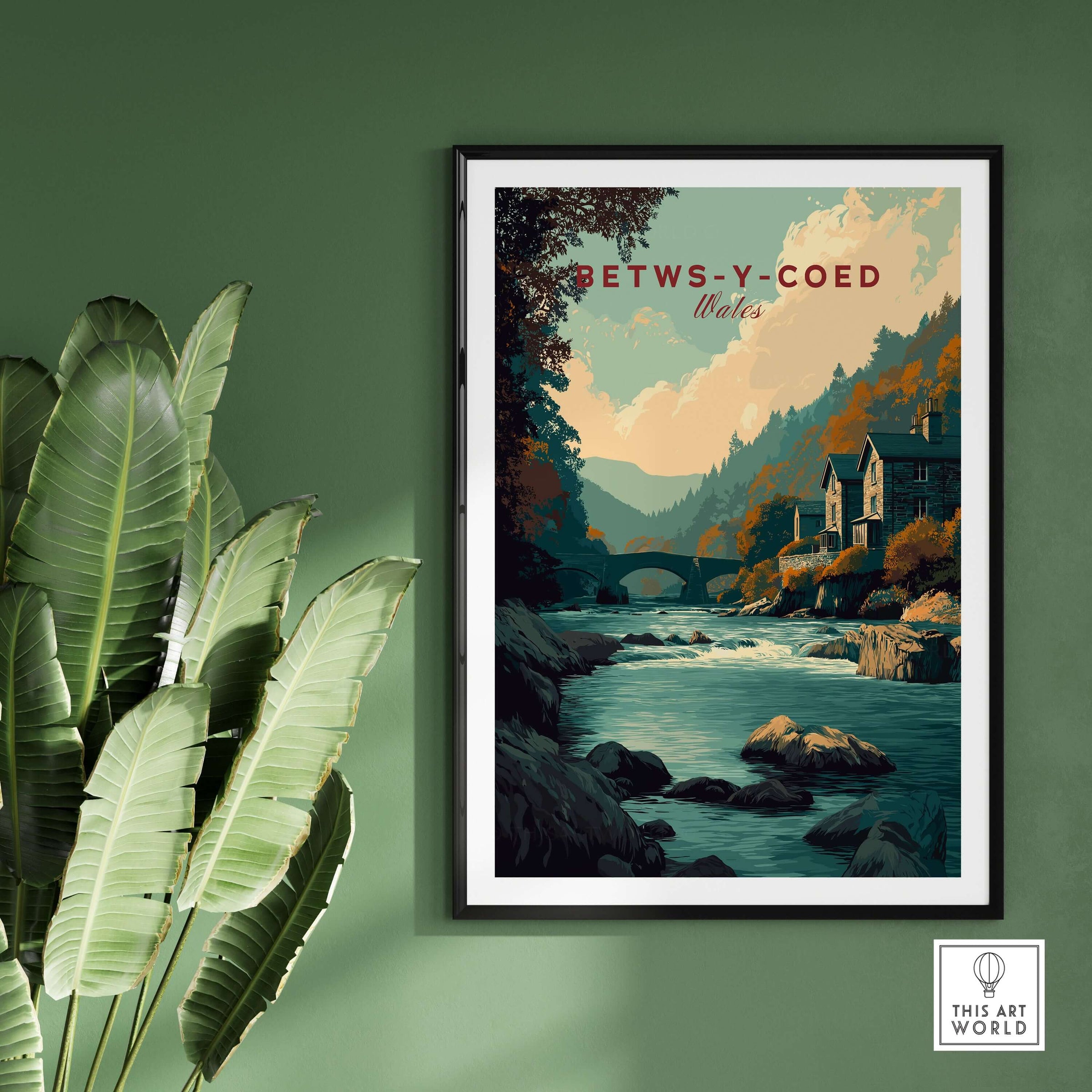 Betws-y-Coed Travel Print Wales framed artwork showcasing the scenic beauty of the Welsh village.