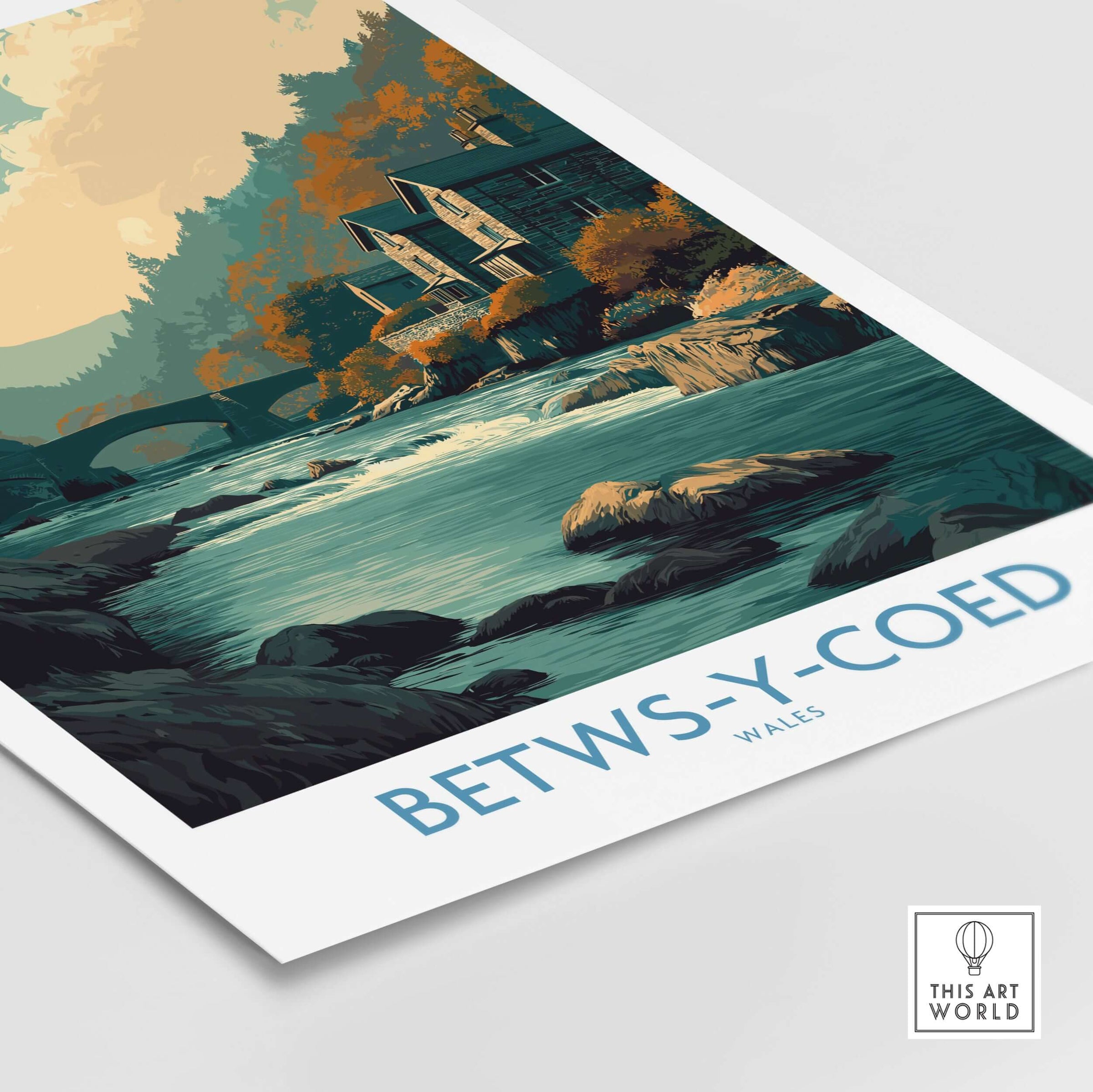 Betws-y-Coed Poster Wales Art Print showcasing scenic village landscape and tranquility.