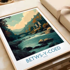 Betws-y-Coed Poster Wales Art Print showcasing a scenic river view and rustic architecture.