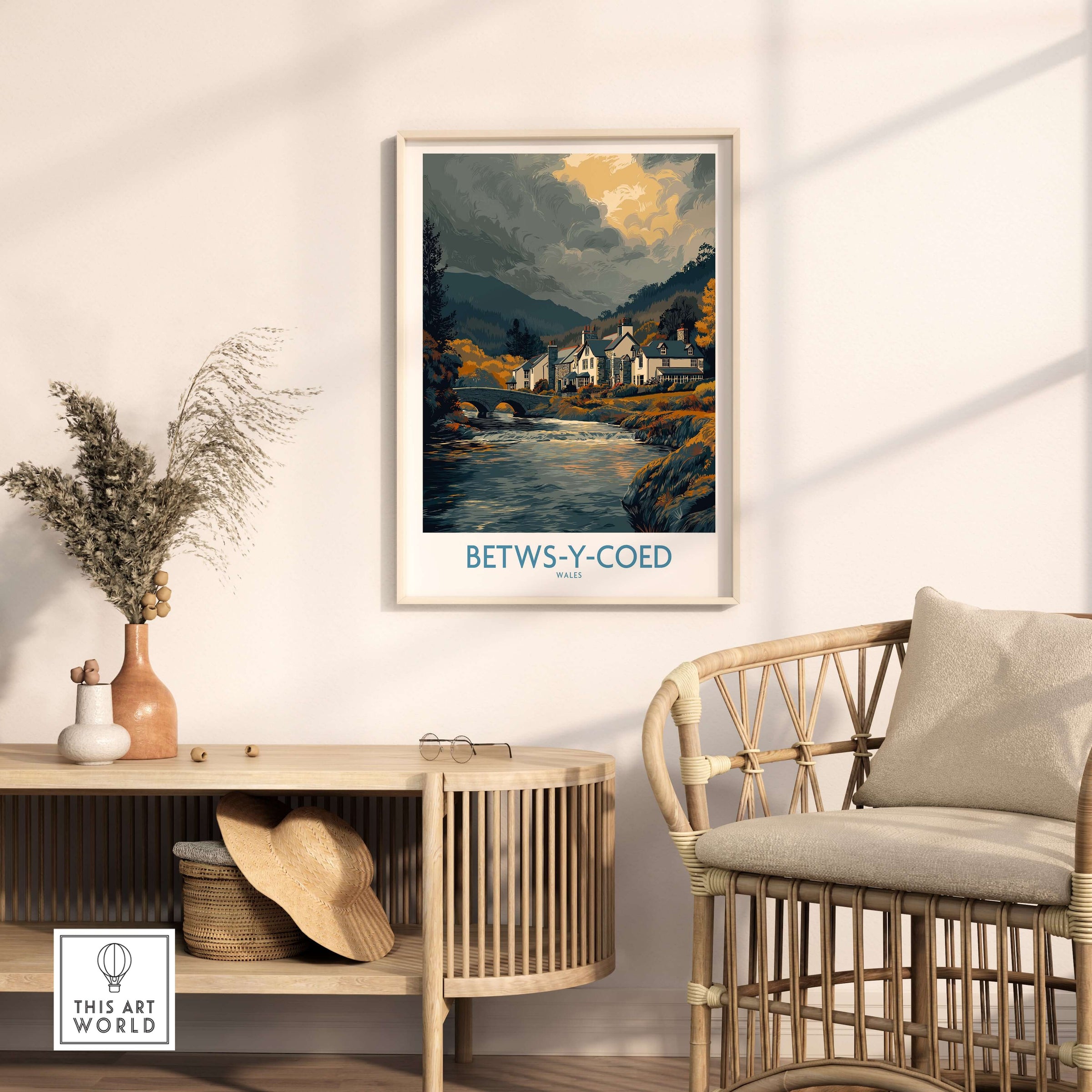 Betws-y-Coed Poster Wales Countryside Landscape Print showcasing serene village and river scene in a cozy interior.