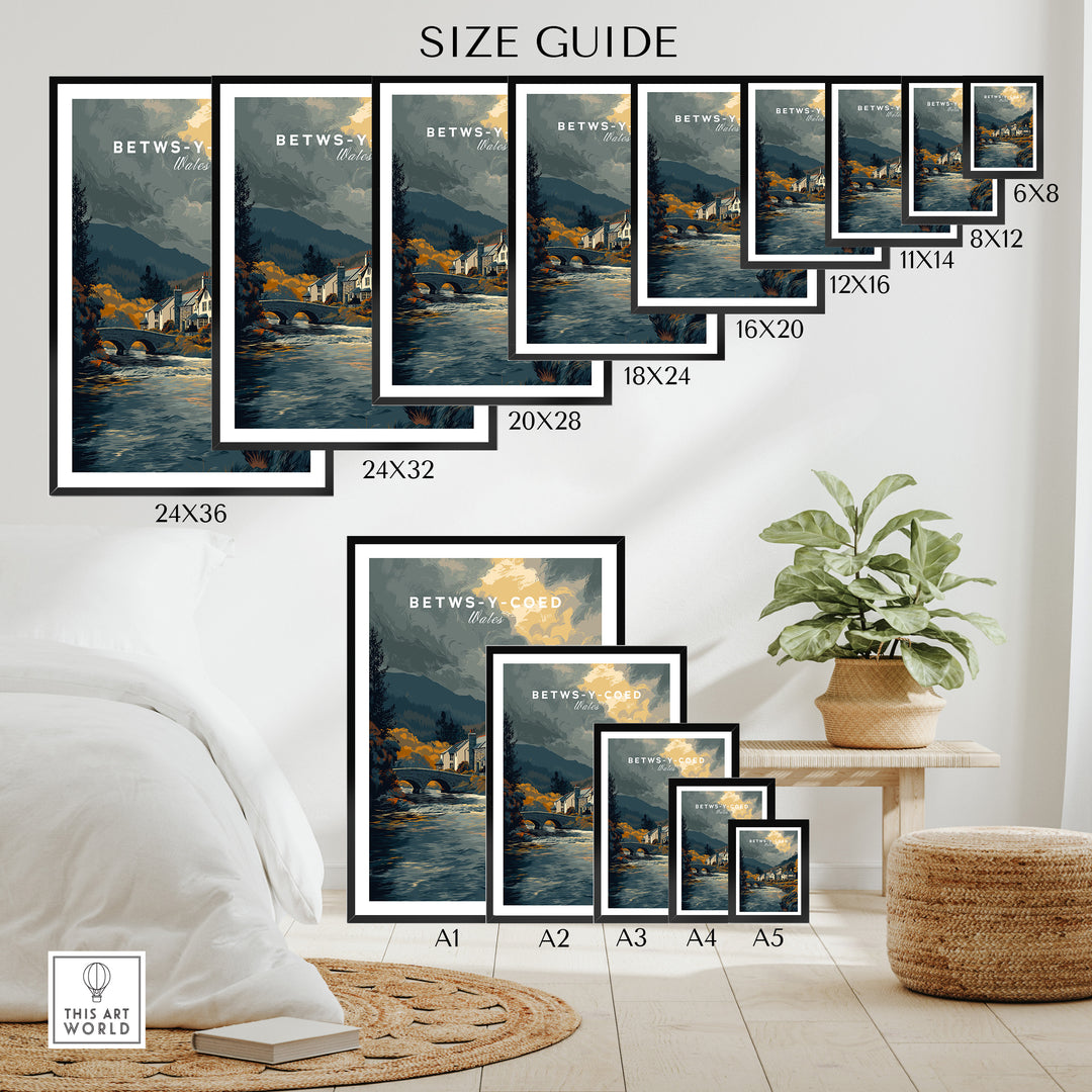 Size guide for Betws-y-Coed Wales travel poster wall art with various frame dimensions.