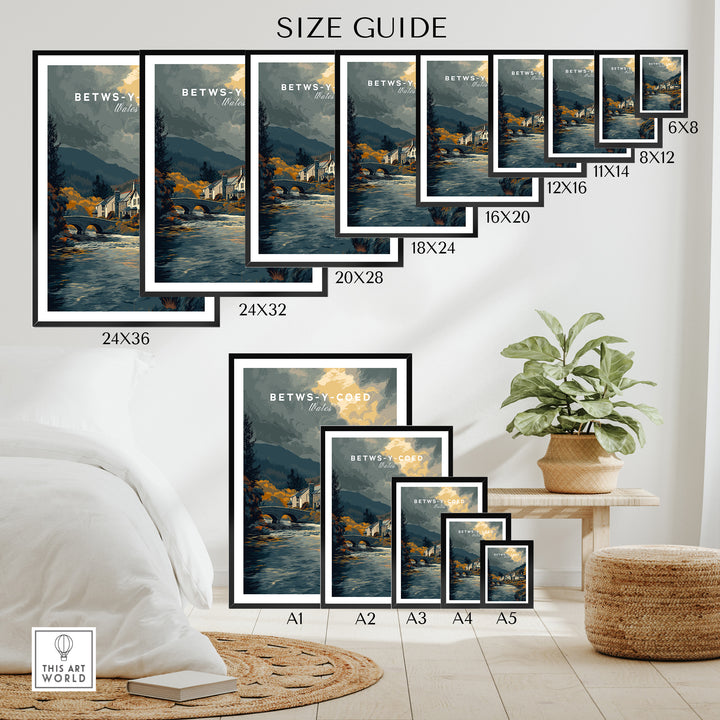 Size guide for Betws-y-Coed Wales travel poster wall art with various frame dimensions.