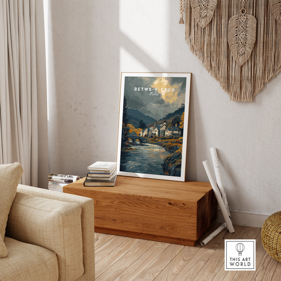 Betws-y-Coed Wales travel poster displayed in a cozy room, featuring scenic Snowdonia village landscape.