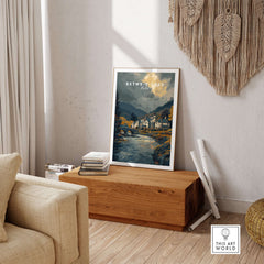 Betws-y-Coed Wales Travel Poster Wall Art - Snowdonia Village Poster displayed in a cozy living room setting.