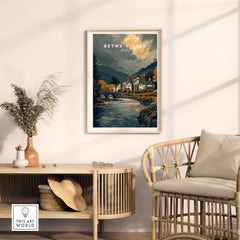 Betws-y-Coed Wales Travel Poster Wall Art - Snowdonia Village Poster displayed in a cozy living room setting.