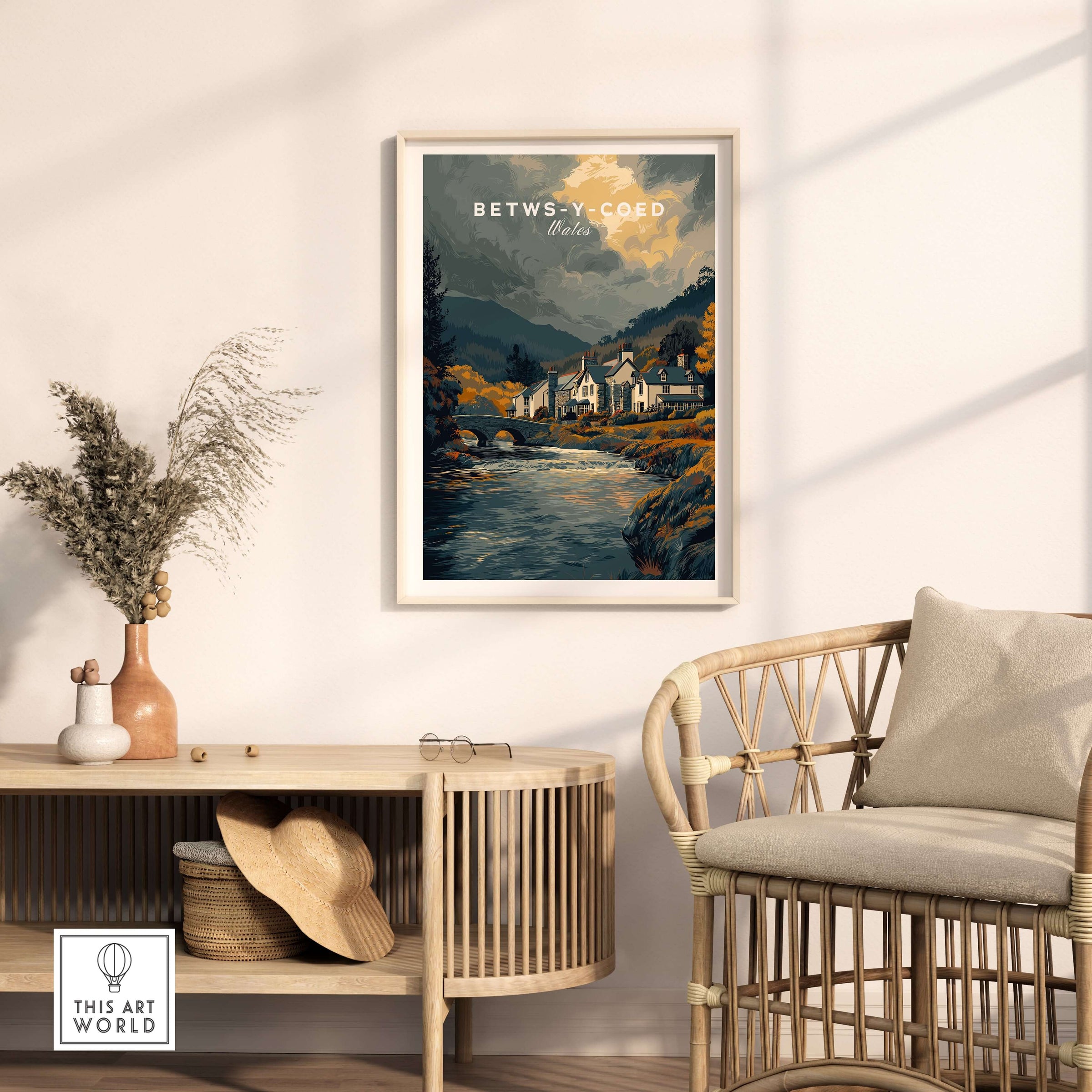 Betws-y-Coed Wales Travel Poster Wall Art - Snowdonia Village Poster displayed in a cozy living room setting.