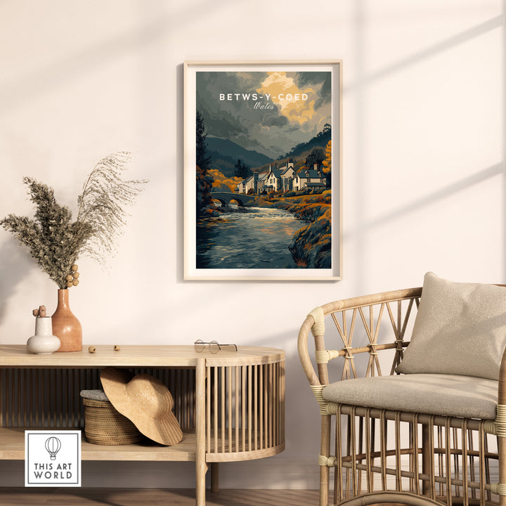 Betws-y-Coed Wales travel poster featuring a scenic village by a river, ideal for home decor.