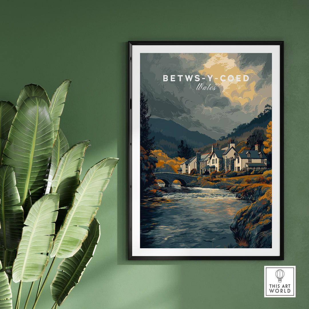 Betws-y-Coed Wales travel poster showcasing scenic village and river in Snowdonia, perfect for wall art.