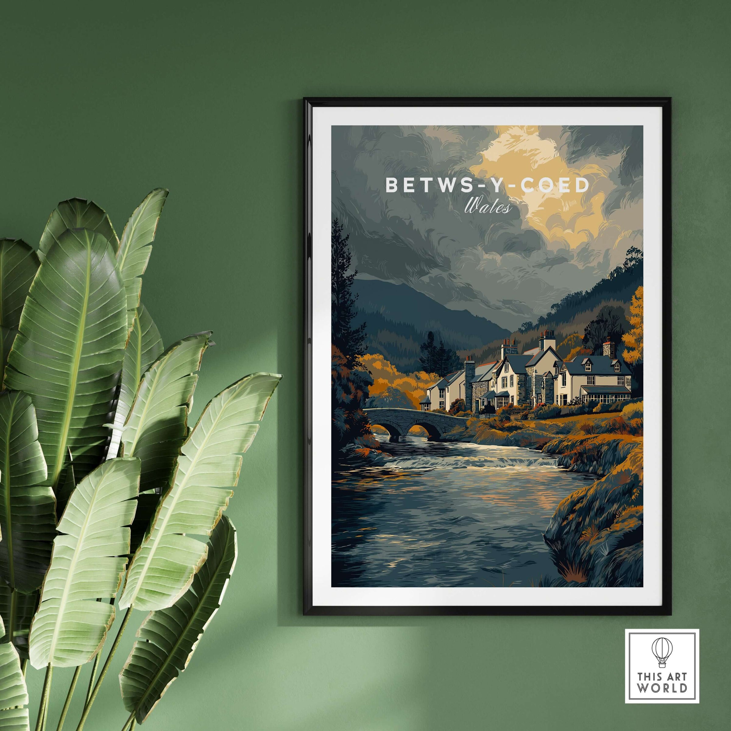 Betws-y-Coed Wales Travel Poster Wall Art - Snowdonia Village Poster showcasing the scenic beauty of Betws-y-Coed.