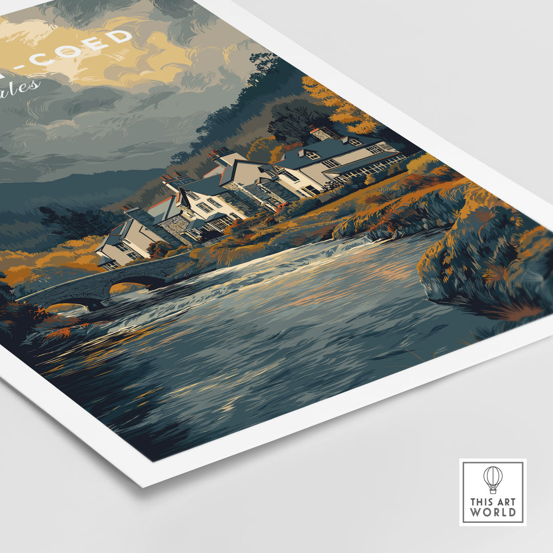 Betws-y-Coed travel poster art featuring quaint homes by a river in Snowdonia, Wales.