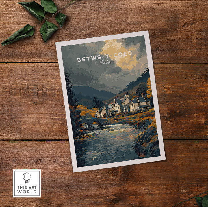 Betws-y-Coed Wales travel poster wall art featuring a scenic view of the village and natural landscape.