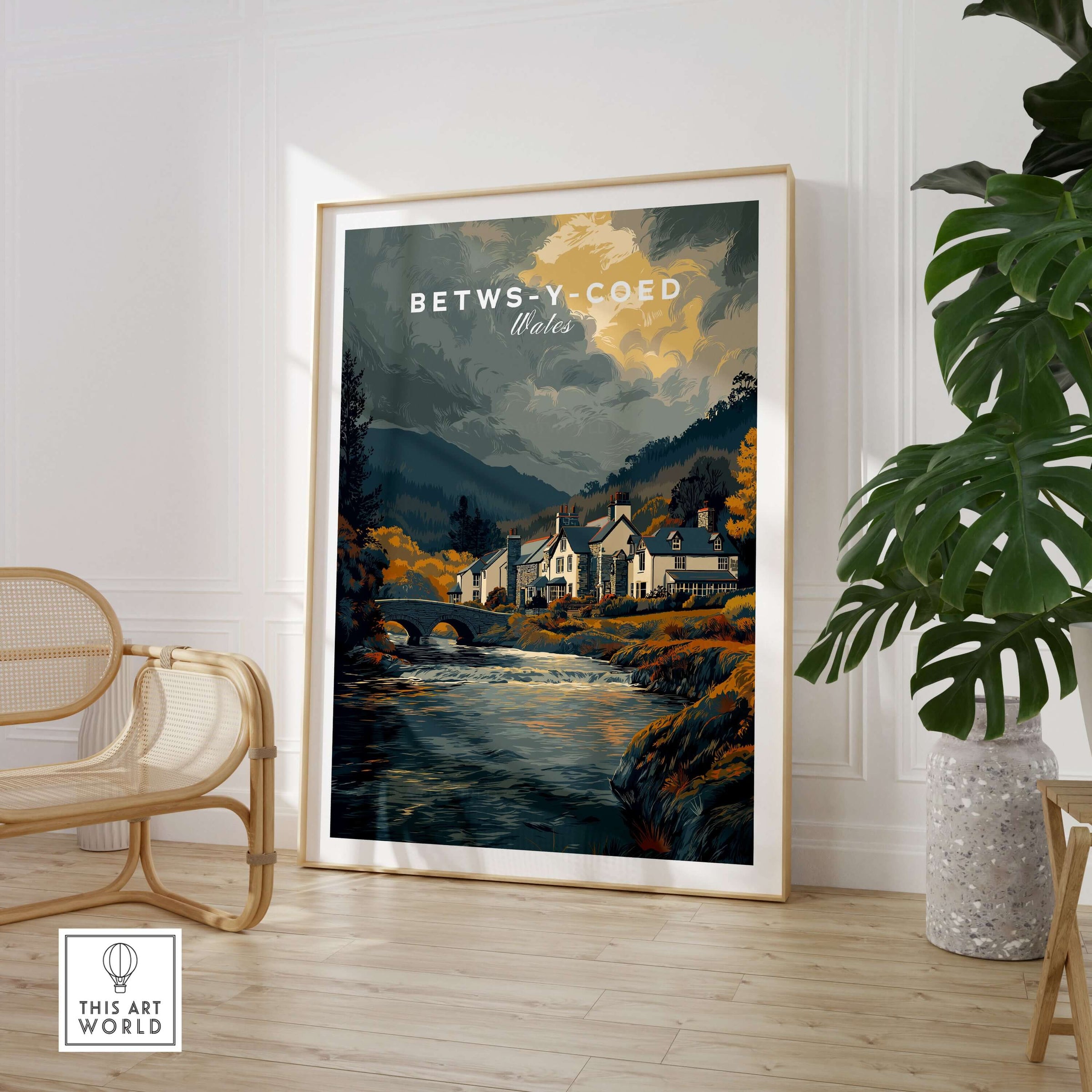 Betws-y-Coed Wales Travel Poster Wall Art - Snowdonia Village Poster showcased in a stylish interior setting.
