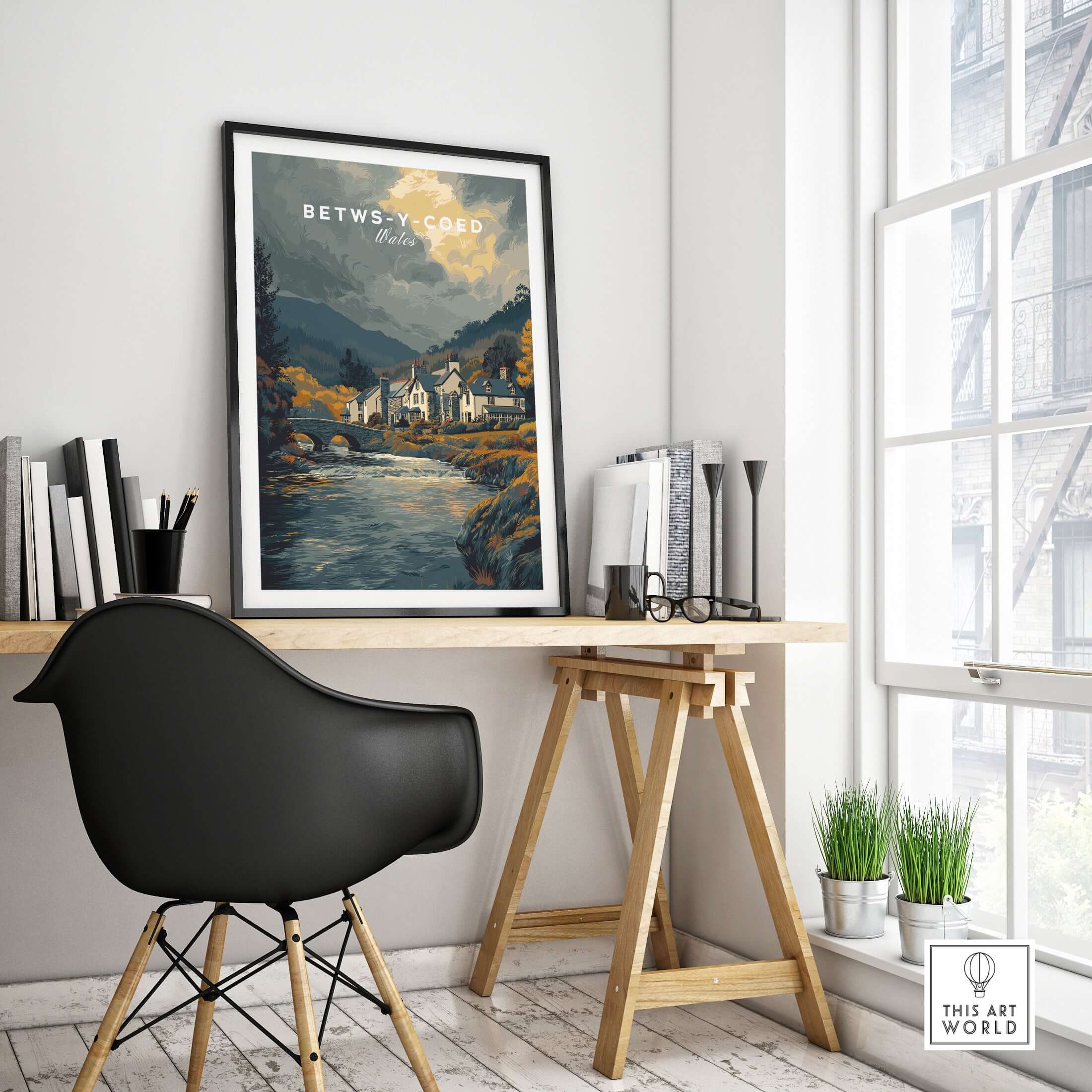 Betws-y-Coed Wales Travel Poster Wall Art - Snowdonia Village Poster displayed in a stylish home office setting.