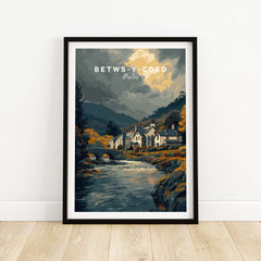 Betws-y-Coed Wales Travel Poster Wall Art - Snowdonia Village Poster featuring a scenic village and river landscape.