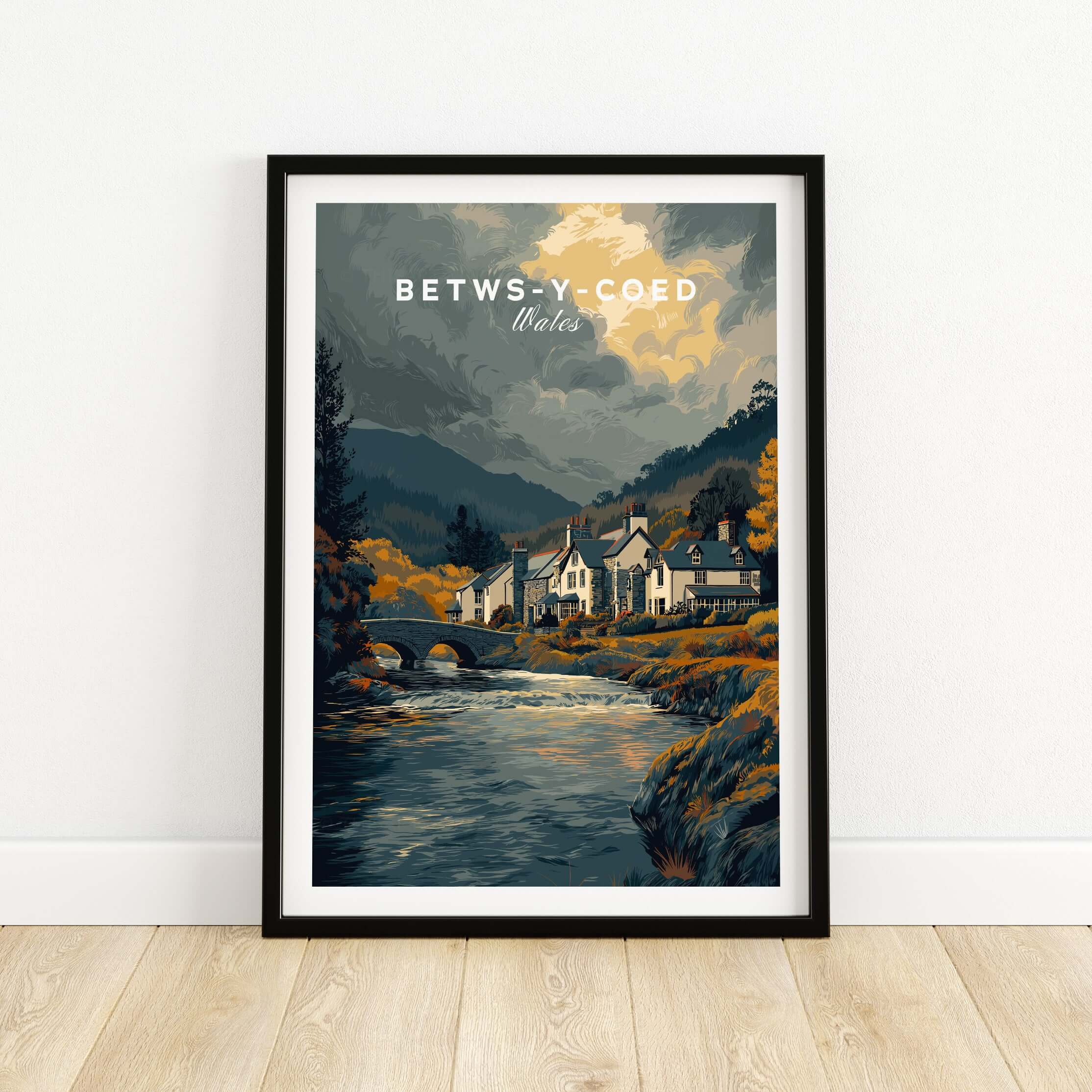 Betws-y-Coed Wales Travel Poster Wall Art - Snowdonia Village Poster featuring a scenic village and river landscape.