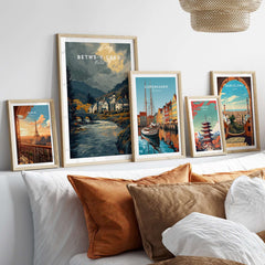 Betws-y-Coed Wales Travel Poster Wall Art - Snowdonia Village Poster displayed in a cozy living room setting.