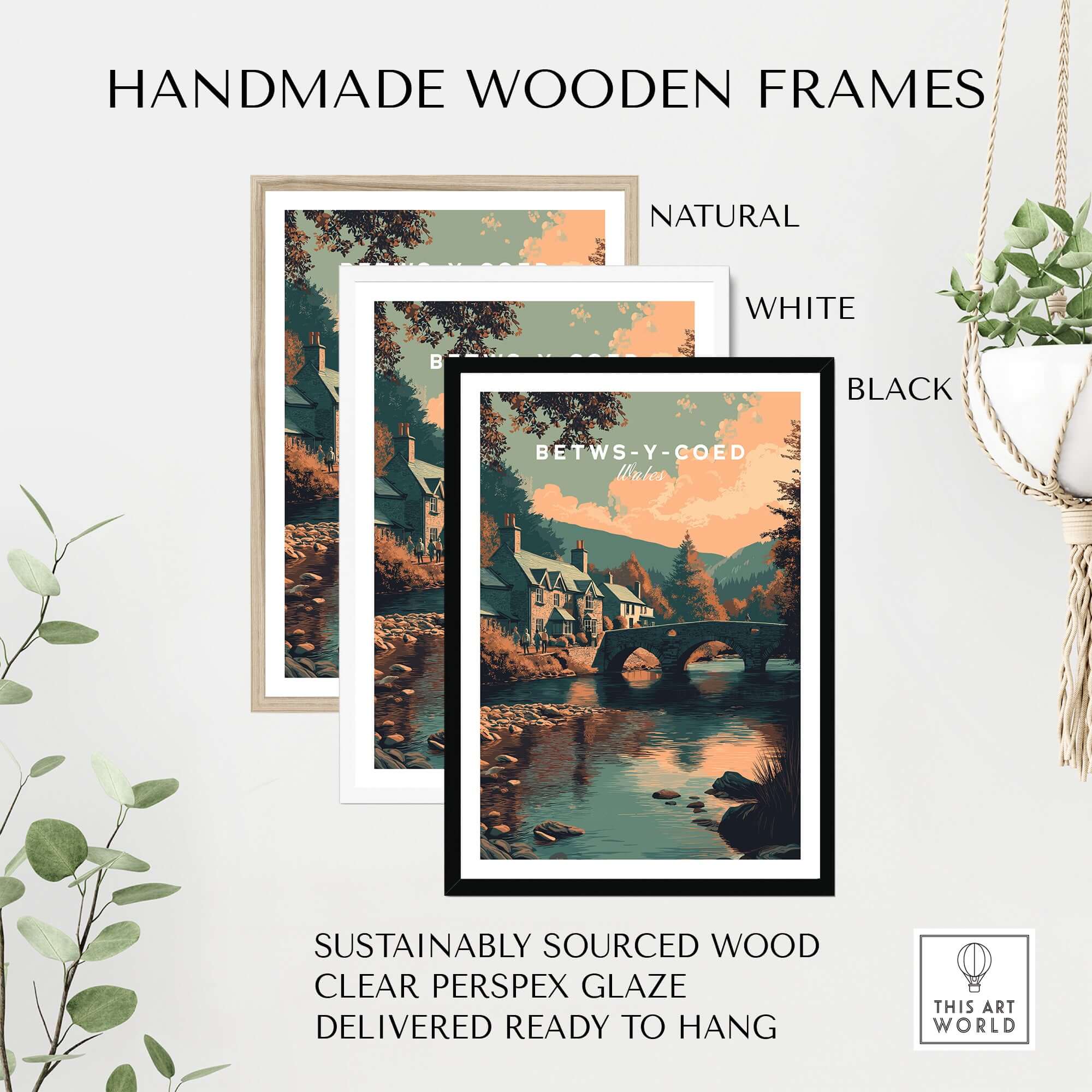 Betws-y-Coed Wales Village Art Print - Scenic Welsh Travel Poster in handmade wooden frames.