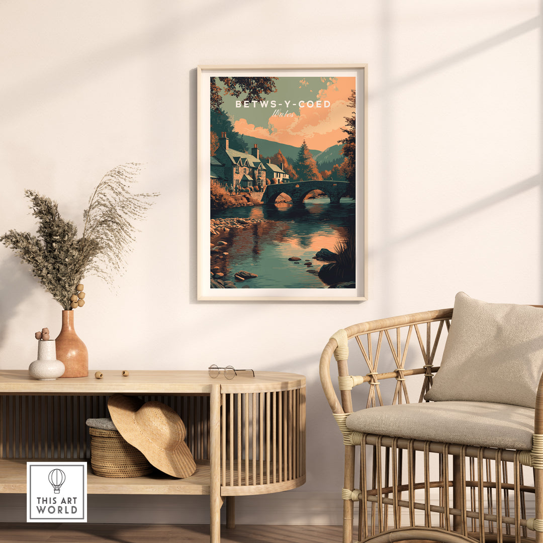 Scenic Betws-y-Coed art print showcasing a tranquil village and bridge, enhancing home decor with Welsh charm.