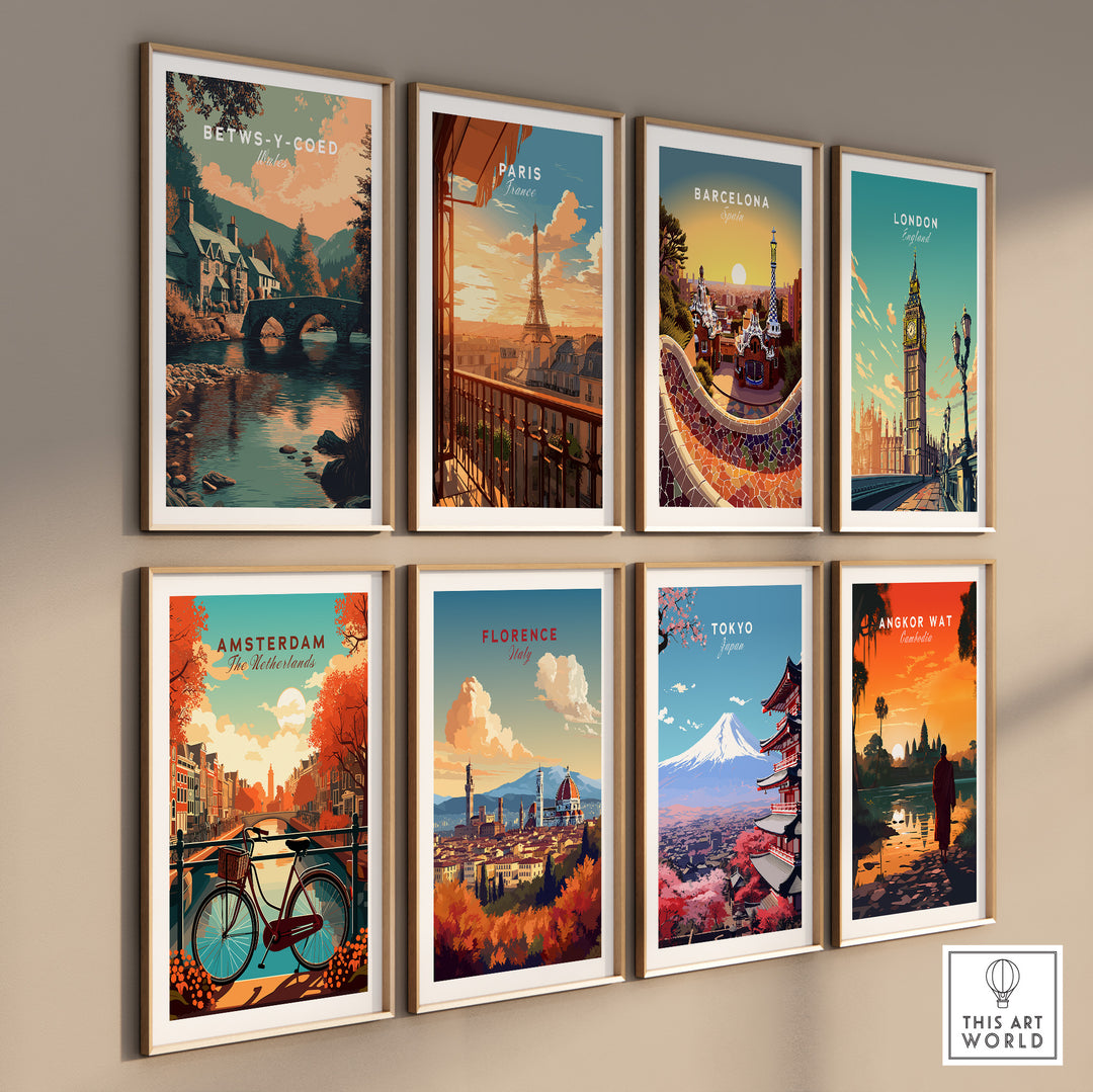 Gallery of travel posters including Betws-y-Coed, Paris, Barcelona, London, Amsterdam, Florence, Tokyo, and Angkor Wat.