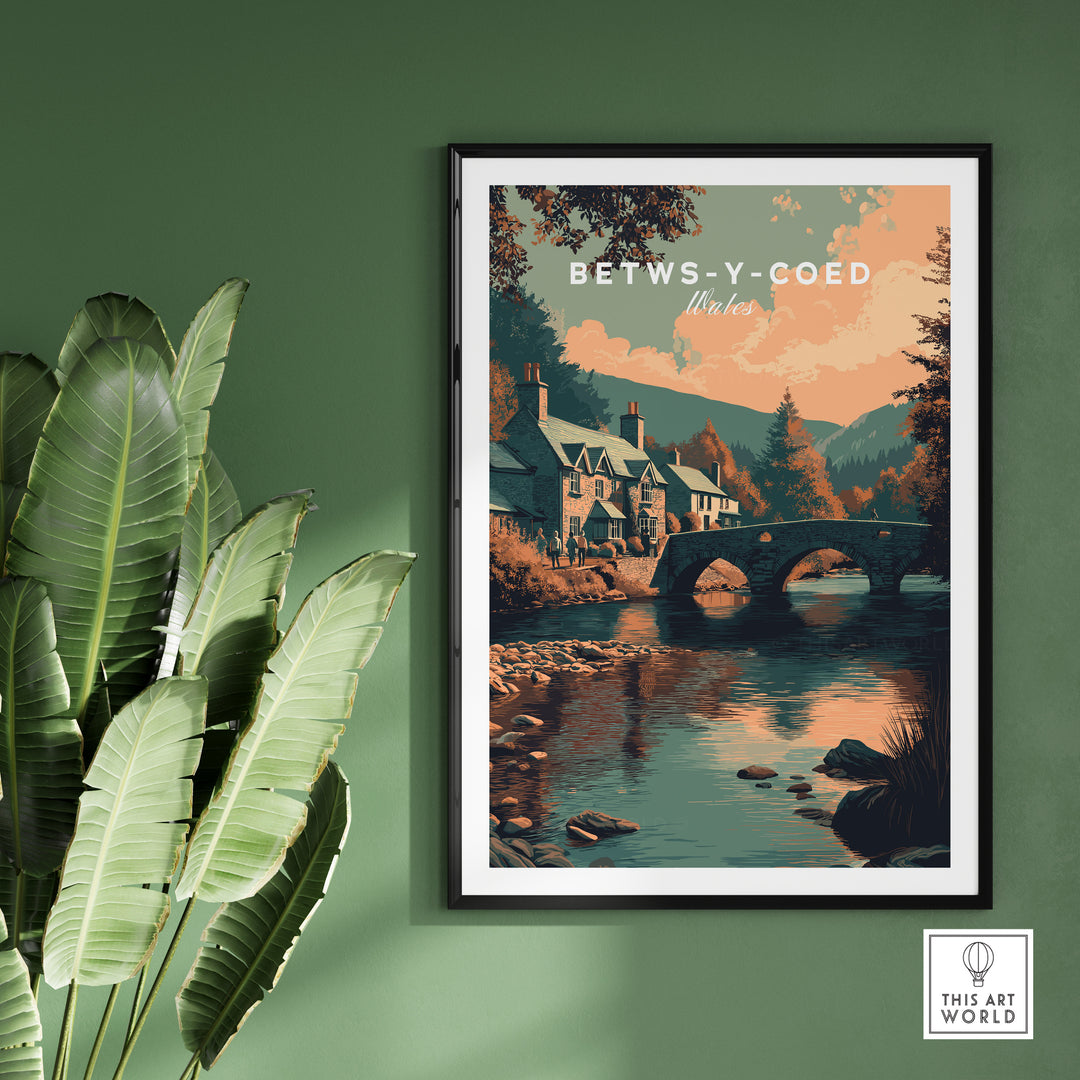 Scenic Betws-y-Coed art print featuring charming houses and a bridge over a river, perfect for Welsh travel enthusiasts.
