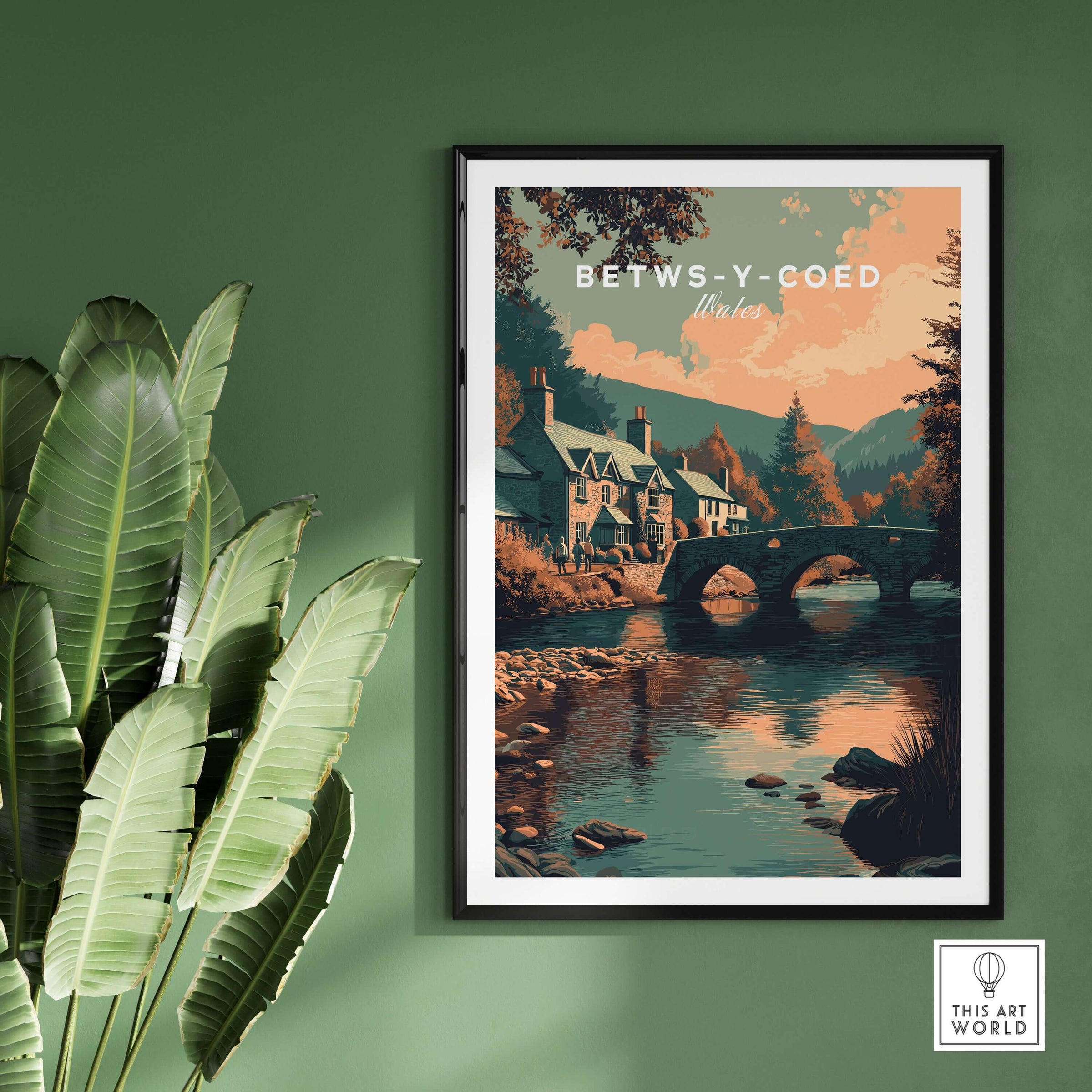 Betws-y-Coed Wales Village Art Print - Scenic Welsh Travel Poster showcasing charming bridges and landscapes.